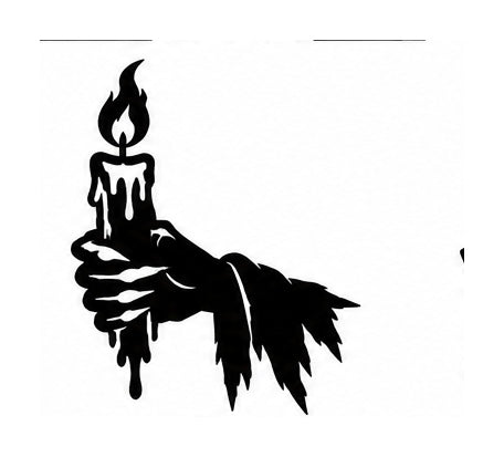 Black ragged-sleeved hand holding a dripping candle with flame