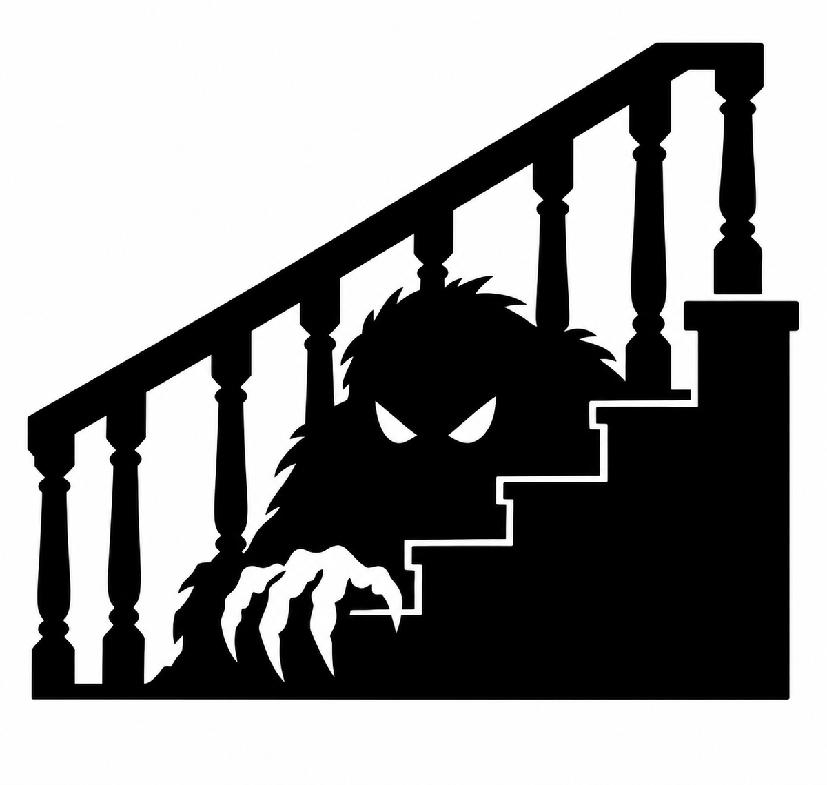 Shadowy monster with white eyes and claw peering from beneath a staircase