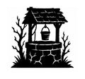 Old roofed stone well with hanging bucket, bare branches, and grass