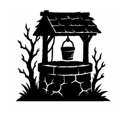 Old roofed stone well with hanging bucket, bare branches, and grass
