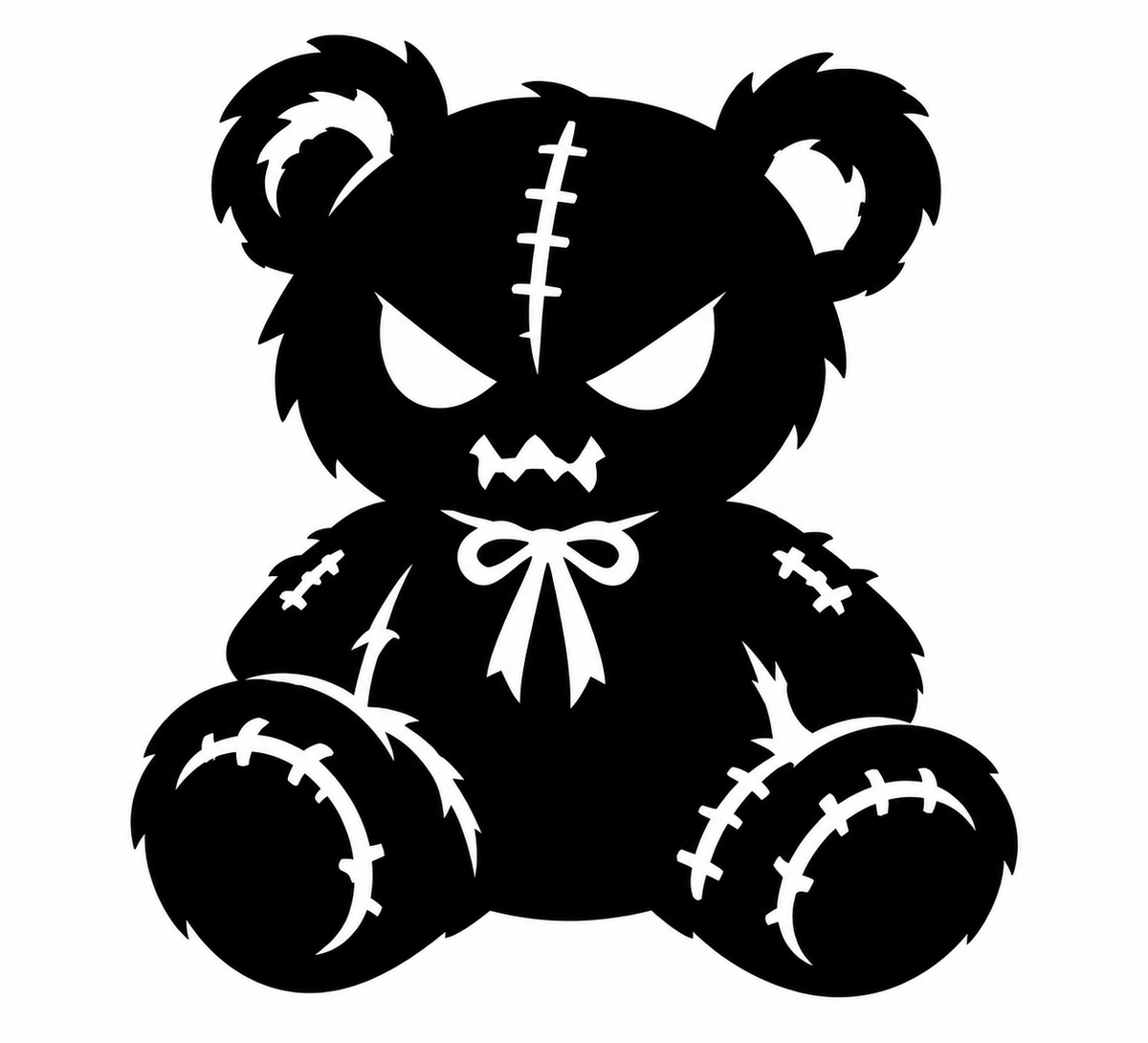 Black stitched teddy bear silhouette with fierce eyes, fangs, bow, and patchwork seams