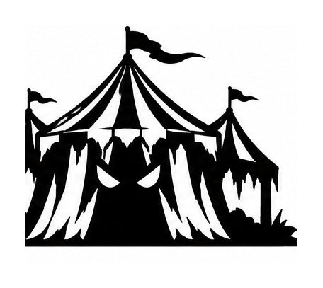 Tattered circus tent silhouette with flags and sinister eyes at the entrance