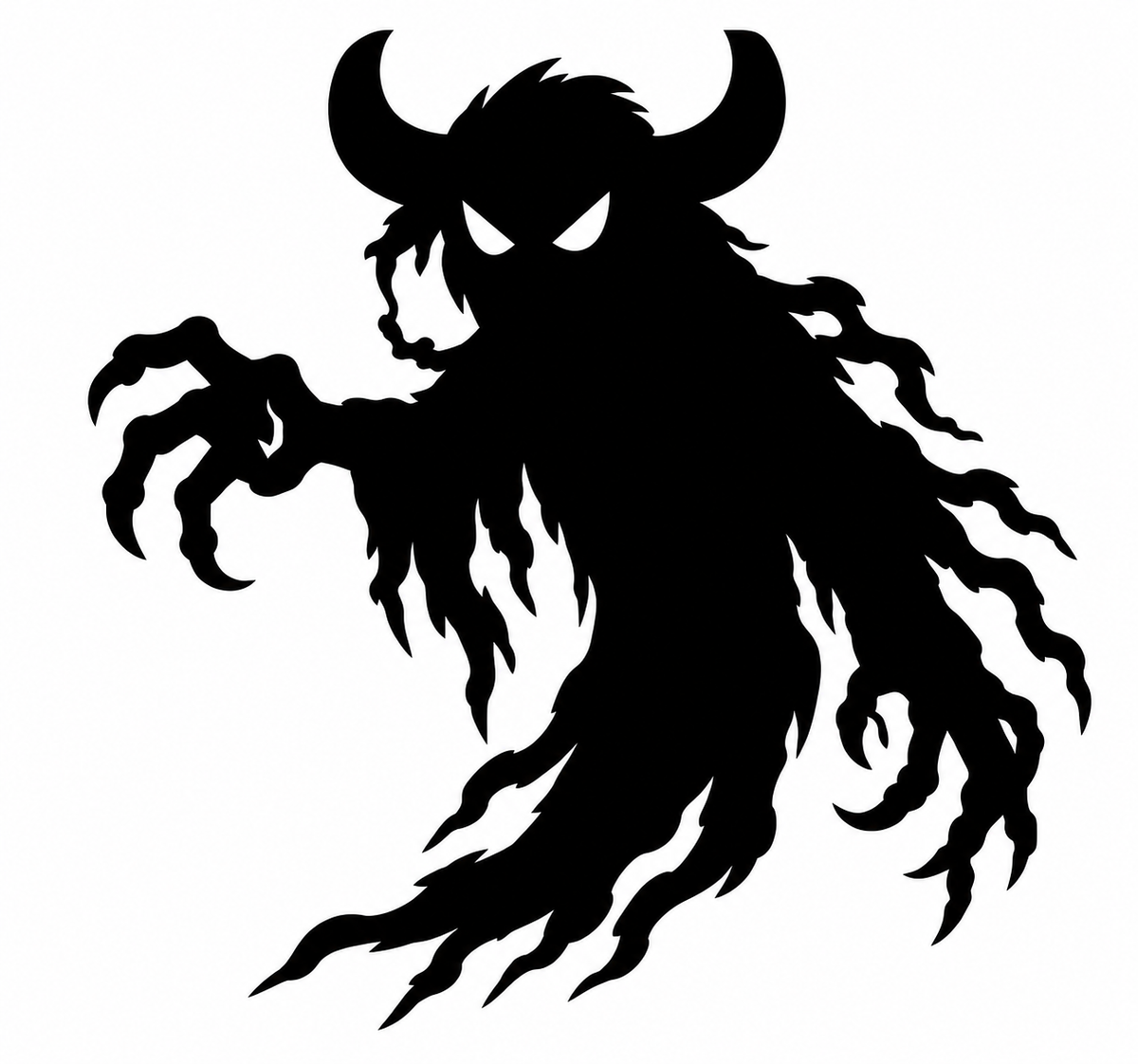 Black horned shadow creature with white eyes, outstretched claws, and ragged trailing body