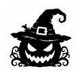 Grinning jack-o'-lantern with sharp eyes, crooked buckled witch hat, and curling vines