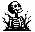 Skull and rib cage rising from the ground between twisted leafless trees