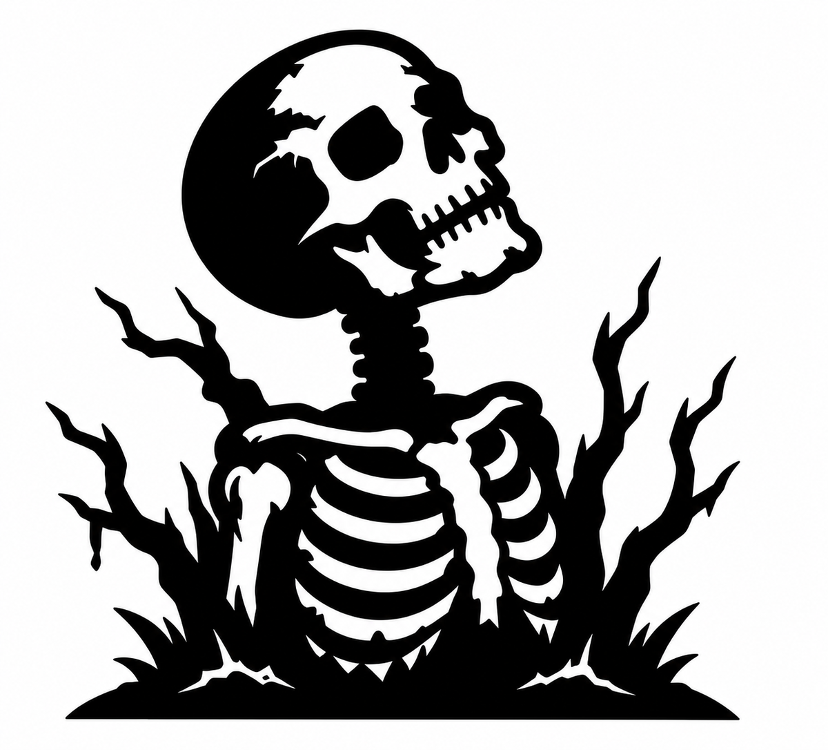 Skull and rib cage rising from the ground between twisted leafless trees