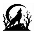 Howling wolf on rocks beneath a crescent moon between two leafless trees