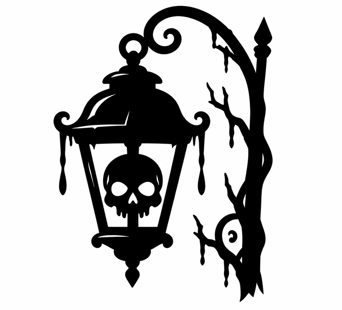 Ornate hanging lantern with skull inside beside a twisted dripping tree