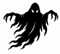 Hooded shadow specter with white eyes, outstretched clawed hands, and trailing ragged cloak