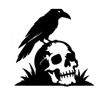 Black raven perched on a cracked skull amid grass