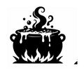 Black cauldron boiling over flames with bubbles and curling steam