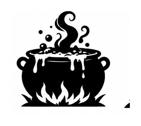 Black cauldron boiling over flames with bubbles and curling steam