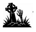 Skeletal hand emerging from cracked ground next to a weathered grave cross and grass