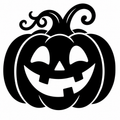 Black jack-o'-lantern pumpkin with a smiling carved face and curly vines