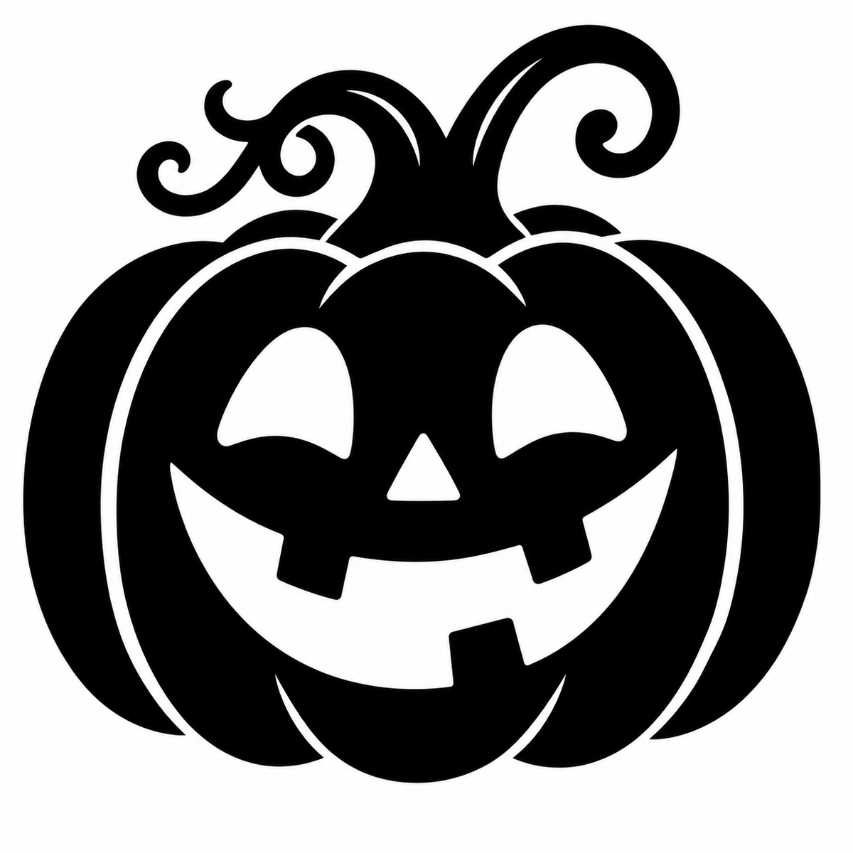 Black jack-o'-lantern pumpkin with a smiling carved face and curly vines