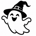 Smiling ghost wearing a witch hat, waving with both arms