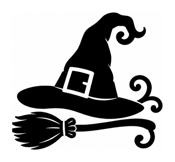 Black witch hat with a buckled band beside a broom, with decorative swirls