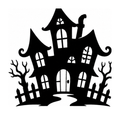 Crooked haunted house with bare trees and a winding path