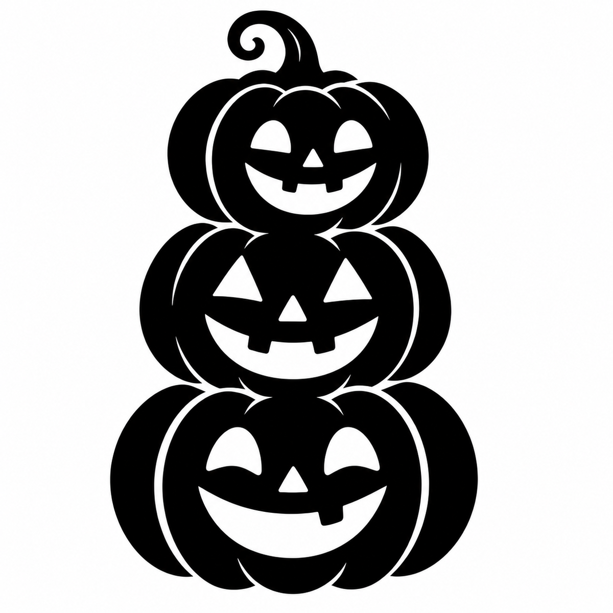 Three stacked jack-o'-lantern pumpkins with smiling carved faces and a curly vine on top
