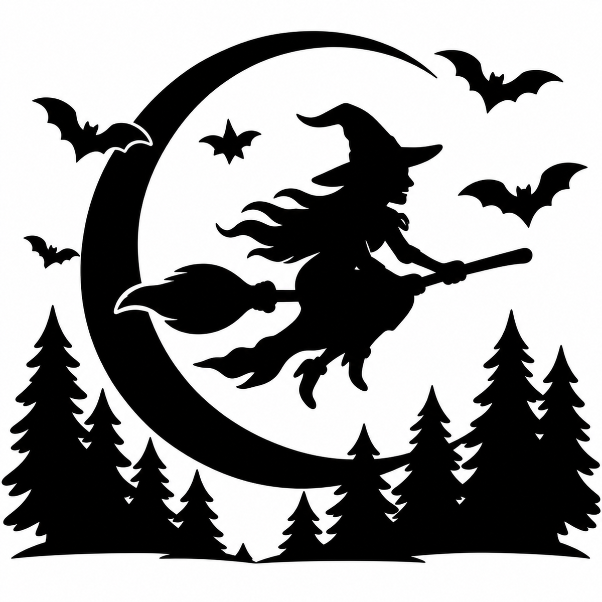 Silhouetted witch on a broom flying over a large crescent moon with bats and pine trees