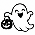 Smiling ghost trick-or-treating with a jack-o'-lantern candy bucket