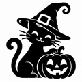 Black cat wearing a witch hat sitting beside a carved jack-o'-lantern