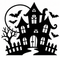 Haunted house silhouette with full moon, circling bats, bare tree, picket fence, and winding path
