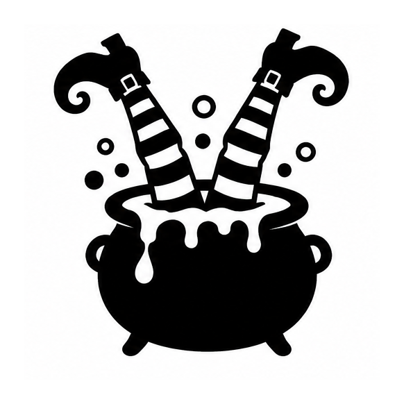 Witch legs in striped stockings and buckle shoes sticking out of a bubbling cauldron
