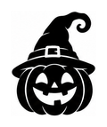 Smiling jack-o’-lantern wearing a curled witch hat