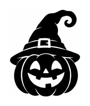 Smiling jack-o’-lantern wearing a curled witch hat