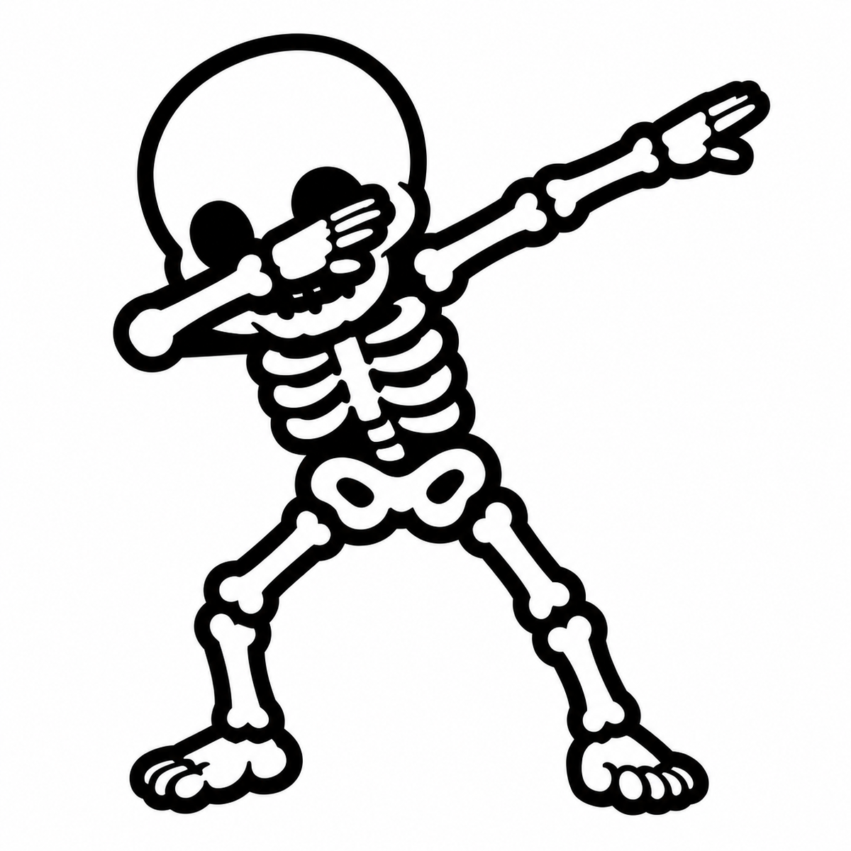 Dabbing skeleton with one arm extended and the other across its face