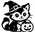 Black-and-white cat wearing a witch hat beside a smiling jack-o’-lantern.