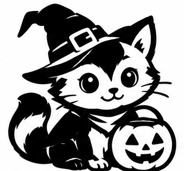 Black-and-white cat wearing a witch hat beside a smiling jack-o’-lantern.