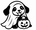 Black-and-white puppy in a ghost costume beside a smiling jack-o’-lantern.