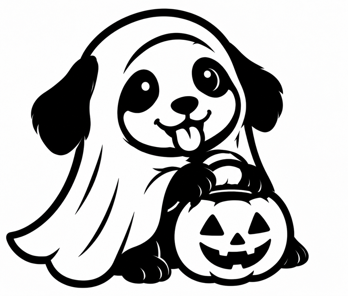Black-and-white puppy in a ghost costume beside a smiling jack-o’-lantern.
