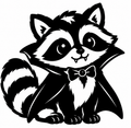 Cute black-and-white raccoon wearing a bat-wing cape and bow tie with little vampire fangs.