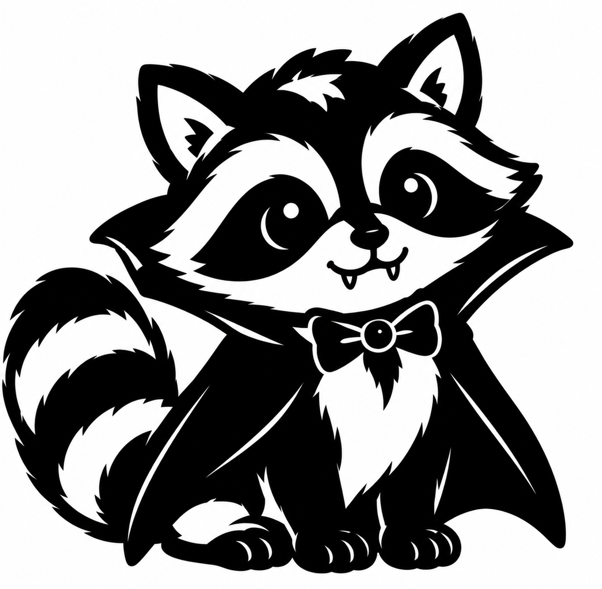 Cute black-and-white raccoon wearing a bat-wing cape and bow tie with little vampire fangs.