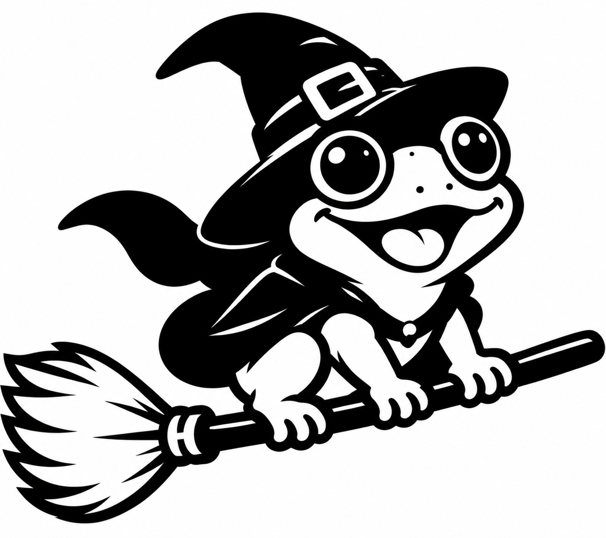 Kawaii witch frog flying on a broomstick vinyl decal