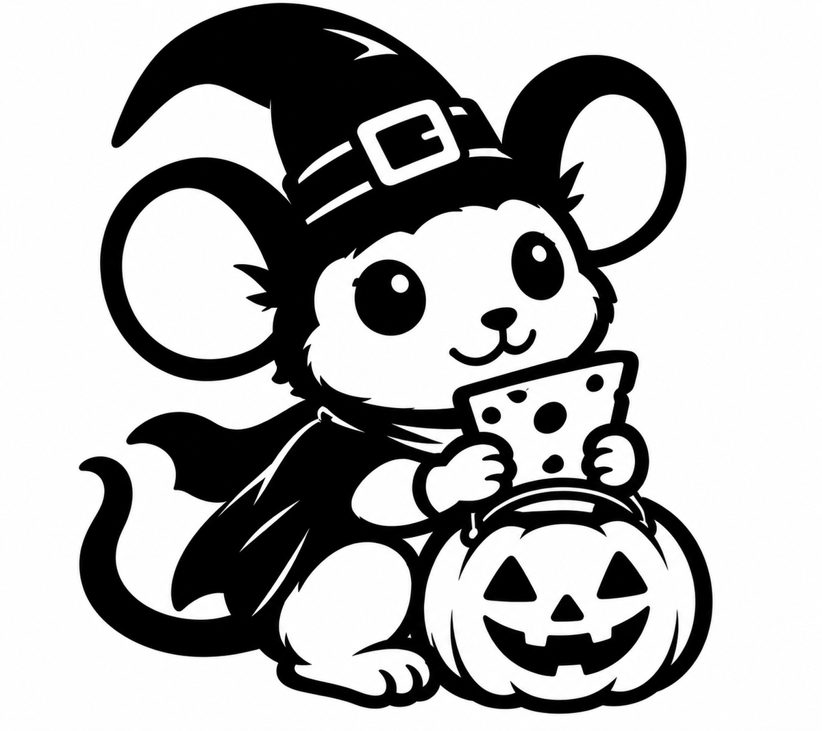 Kawaii witch hat mouse holding cheese and a jack-o-lantern pail vinyl decal