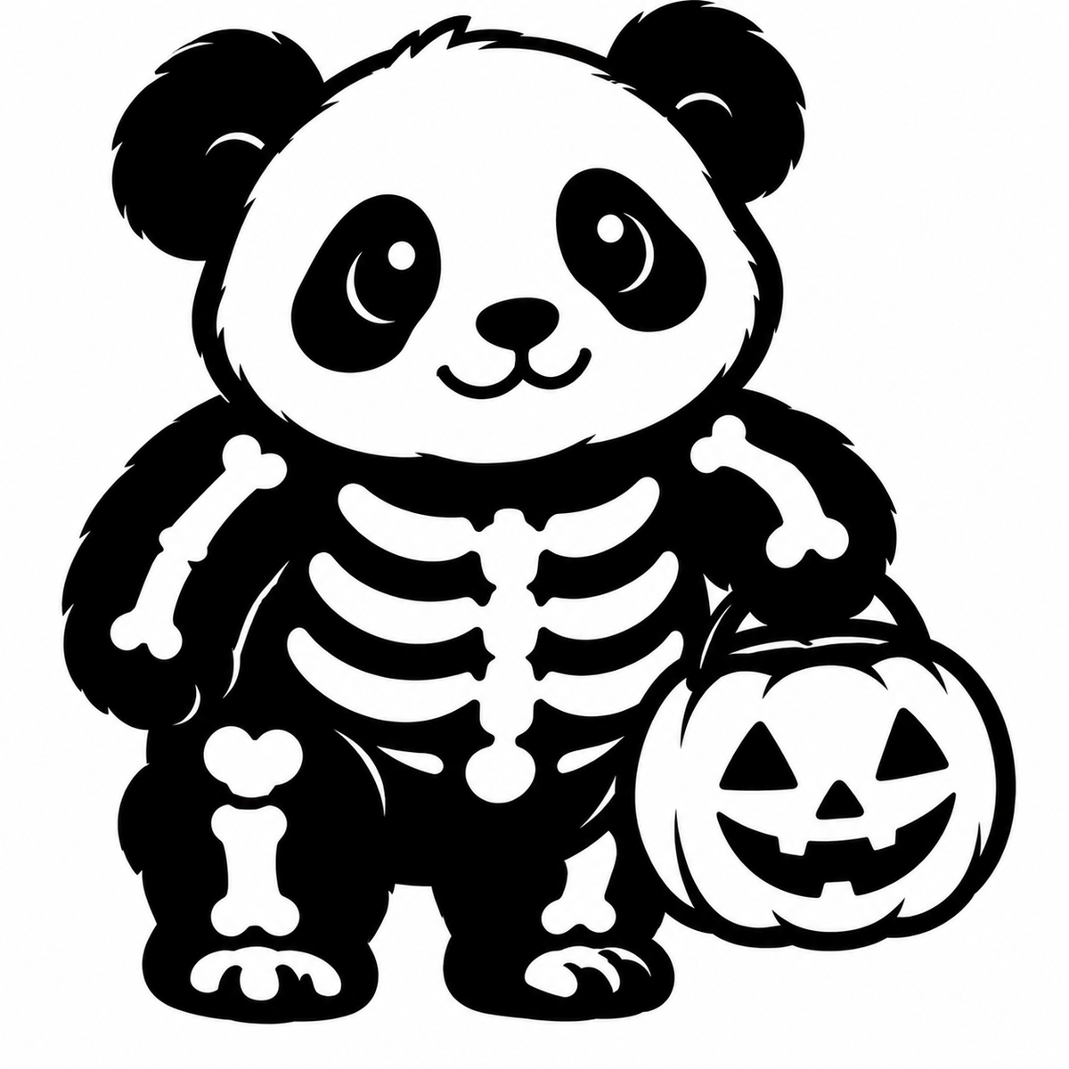 Kawaii skeleton panda with jack-o-lantern pail vinyl decal