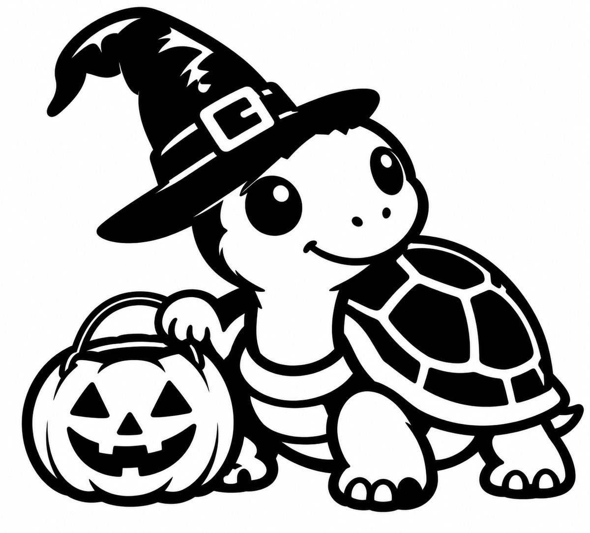 Kawaii witch hat turtle with jack-o-lantern pail vinyl decal