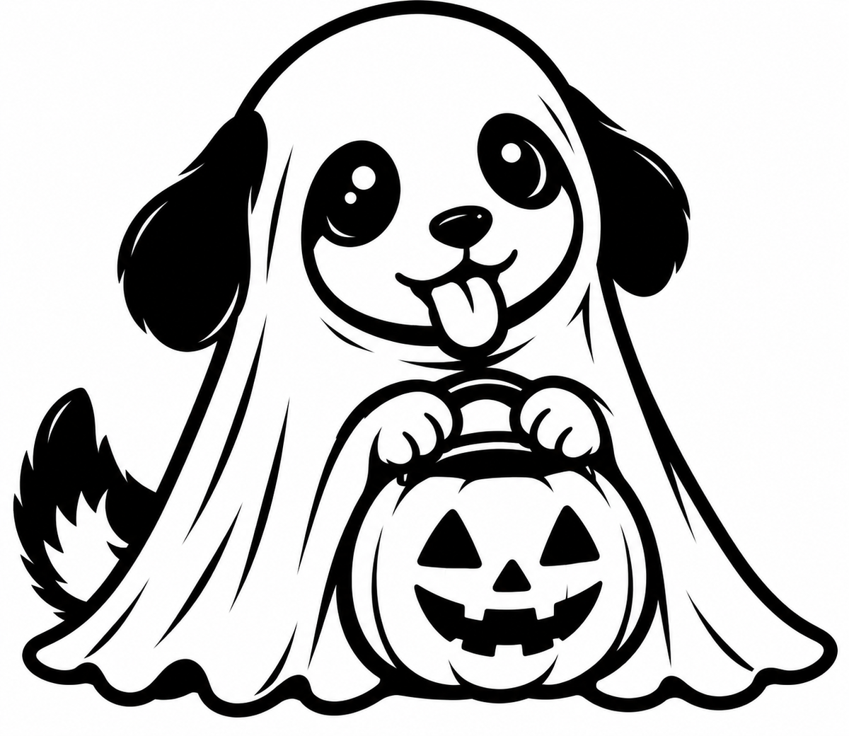 Black and white puppy in a ghost costume holding a smiling jack-o'-lantern