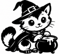 Black and white kitten wearing a witch hat beside a bubbling cauldron