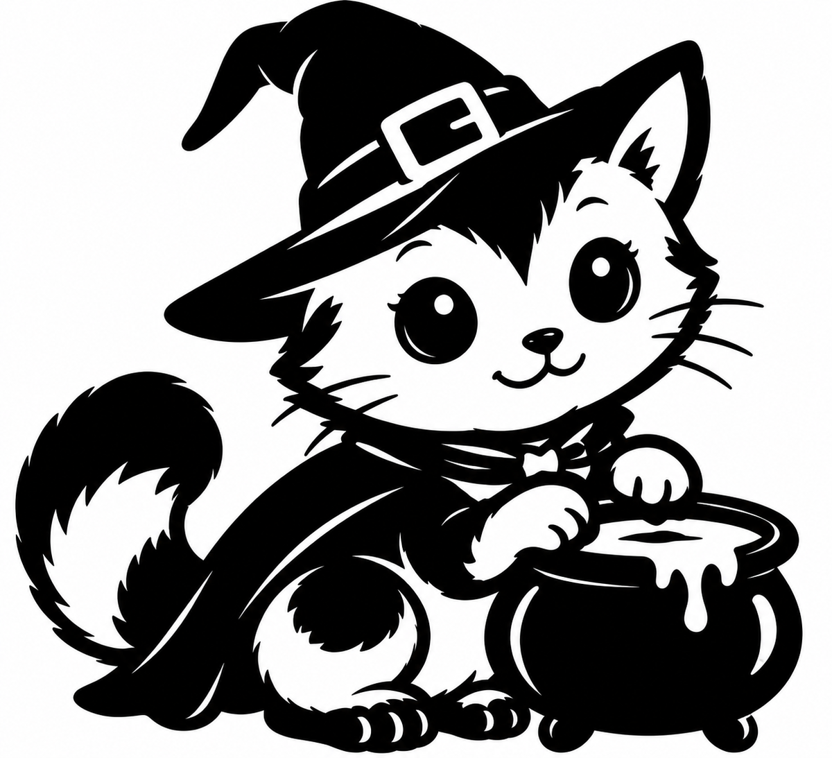 Black and white kitten wearing a witch hat beside a bubbling cauldron
