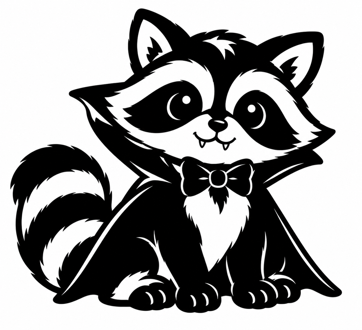 Black and white raccoon with tiny vampire fangs, bow tie, and cape