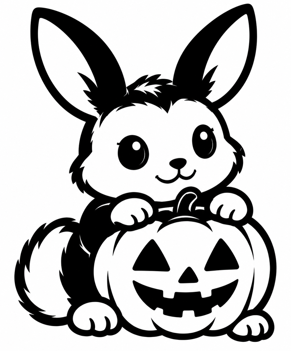 Black and white big-eared critter peeking over a smiling jack-o'-lantern