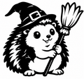 Black and white hedgehog wearing a witch hat and holding a broom