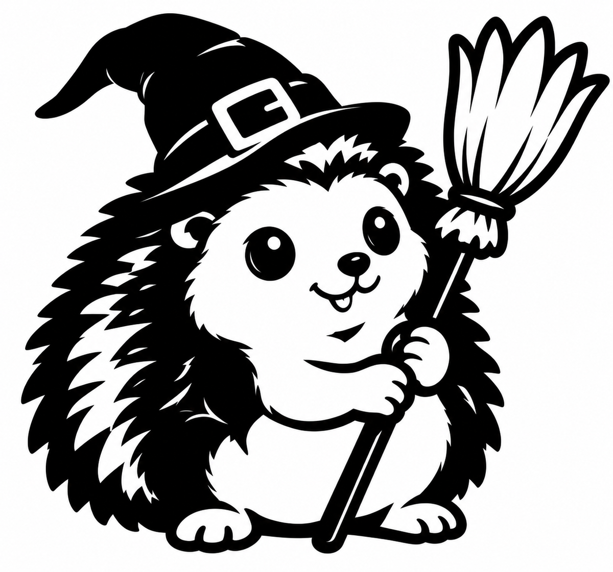 Black and white hedgehog wearing a witch hat and holding a broom