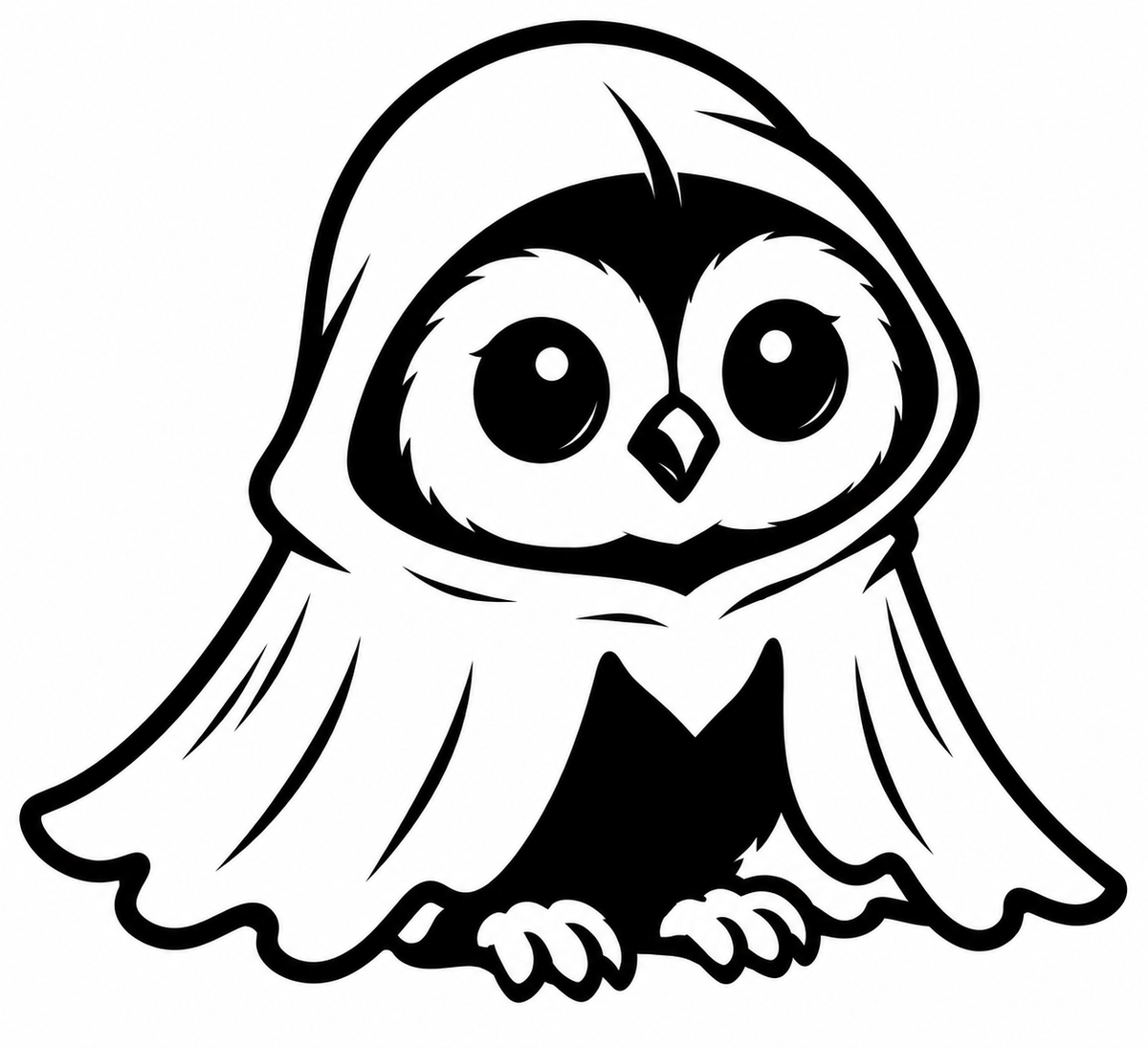 Black and white owl peeking out from beneath a flowing ghost sheet