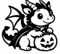 Black and white baby dragon with wings and horns beside a smiling jack-o'-lantern